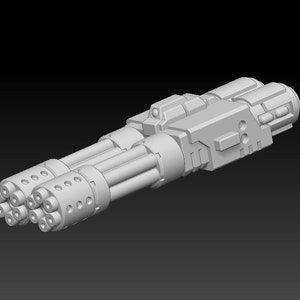 May include: A 3D printed model of a futuristic weapon with multiple barrels and a detailed design. The weapon is made of a light gray plastic and has a smooth finish.