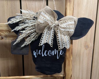 Rustic Cow Head Welcome Door Hanger. Front Door Decor