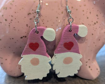 Gnome Valentine's Dangle Earrings, Painted Wood
