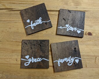 Wooden Coasters, Faith, Love, Grace, Family, Set of 4