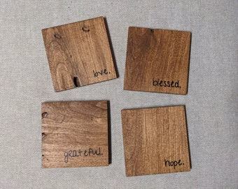 Wooden Coasters, Love, Blessed, Grateful, Hope, Set of 4
