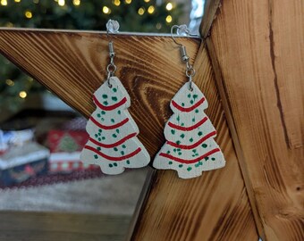 Little Debbie Christmas Tree Dangle Earrings, Handcrafted Wooden Earrings