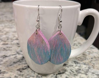 Teardrop Earrings, Multi Color Pink & Blue Design, Dangle Earrings, Wooden Earrings