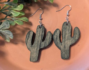 Hand-Painted Wooden Cactus Dangle Earrings, Lightweight Plant Jewelry