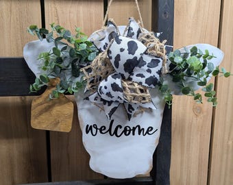 Rustic Cow Head Welcome Door Hanger. Front Door Decor