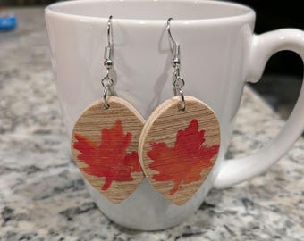 Teardrop Earrings, Fall Leaf Design, Dangle Earrings, Wooden Earrings