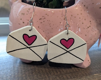 Valentine's Day Wooden Earrings, Love Letter Dangles