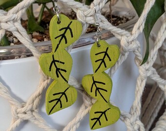 Hand-Painted Wooden Pothos Leaf Dangle Earrings, Lightweight Plant Jewelry