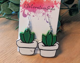 Hand-Painted Wooden Potted Plant Earrings, Lightweight Dangle Jewelry
