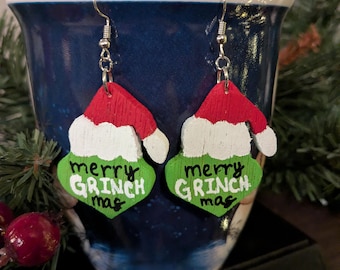 Merry Grinchmas Wooden Dangle Earrings, Handcrafted Holiday Earrings