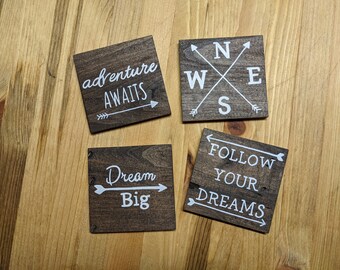 Wooden Coasters, Adventure Awaits, NESW, Dream Big, Follow Your Dreams, Set of 4