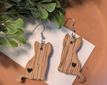 Hand-Painted Wooden Cat Dangle Earrings, Heart Detail Pet Jewelry