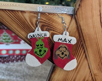 Grinch & Max Stocking Dangle Earrings, Handcrafted Wooden Earrings