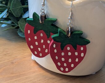Hand-Painted Wooden Strawberry Dangle Earrings, Lightweight Fruit Jewelry
