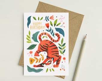 Happy Birthday Tiger Card | Greetings Card | Celebration Gifts | Kids Animals | Graphic Fun | Chinese Tiger Zodiac | A6 Eco Envelope