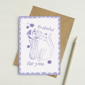 Dankbar für Sie Grußkarte | Handgemalte Katzen Karte mit Blumen und Kraft Umschlag | Ideal für Katzenliebhaber | Dankbarkeits-Karte