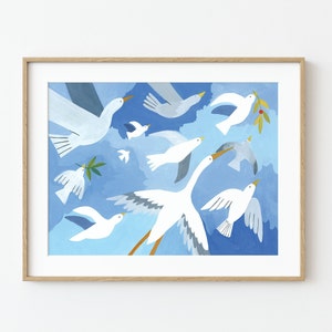 Cartão postal A6 com pássaro pintado à mão | Arte costeira em azul e branco | Arte de parede de verão | Impressão de pássaros voando | Presentes perfeitos de cartão postal