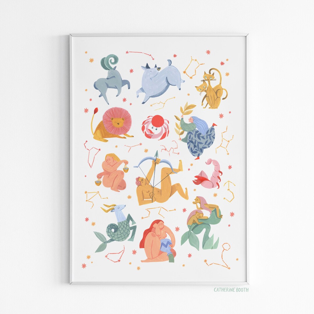 Twelve Zodiacs Illustration Print A4 Astrology Wall Art Horoscope Gifts ...