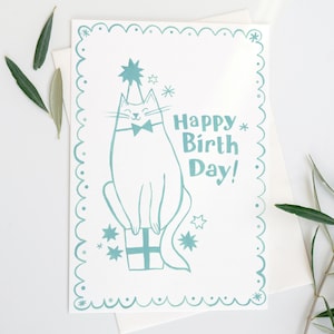 de voeux de chat de joyeux anniversaire | Illustration peinte à la main avec un chat en forme de chapeau de fête | A6 vierge à l'intérieur | Parfait pour les amoureux des chats