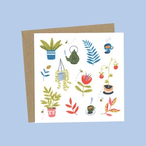 Cartão de Saudações Quadrado de Chá de Jardinagem | Comemoração de Aniversário | Feliz Aniversário para Ele e para Ela | Padrão Ecológico de Primavera e Natureza | Cartão Ilustrado