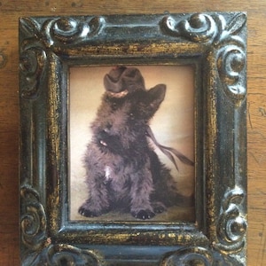 HAND PAINTED MINIATURE on a canvas print of vintage painting of black dog