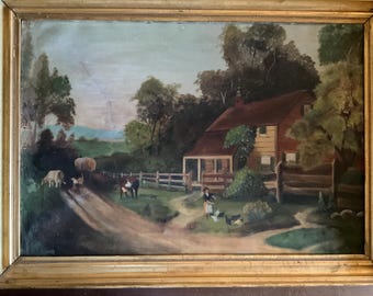 Vintage primitive OIL PAINTING of a farm scene 26x18” in an antique 30x21.5” gold frame