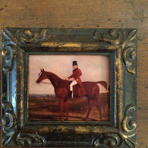 Hand PAINTED Miniature on print of English gentlemen on horse.