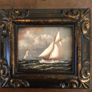 HAND PAINTED MINIATURE on  a canvas print of vintage painting of sailing ship