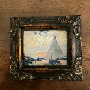 HAND PAINTED MINIATURE of sailboat on linen paper print