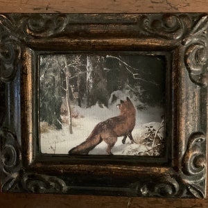 HAND PAINTED MINIATURE on a canvas print of a fox in the woods/ framed