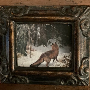 HAND PAINTED MINIATURE of a fox in the woods/ framed