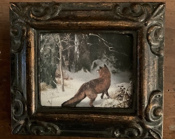 HAND PAINTED MINIATURE of a fox in the woods/ framed