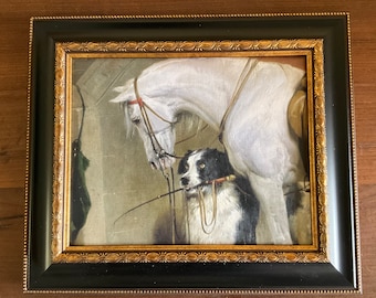 8x10”Giclee on canvas  of horse and dog in wonderful black and gold frames