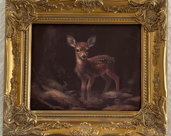 8x10” Giclee of a sweet baby fawn , placed in a wonderful ornate hand painted gold frame, ready to hang.