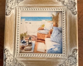 HANDPAINTED MINIATURE of beach porch,on a 3x3”linen paper print ,bonded to canvas / framed