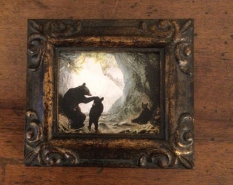 HAND PAINTED MINIATURE on  a canvas print of mother bear with her babies.