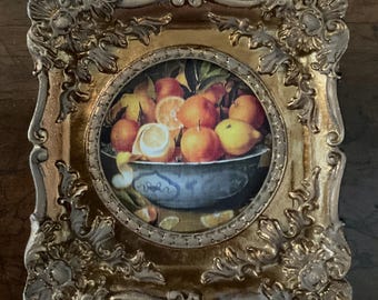 Hand Painted Miniature Fruit Still Life - Gold Framed Linen Print