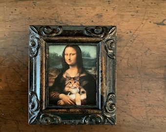 HAND PAINTED-miniature on a canvas print of the Mona Lisa with her cat