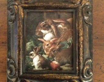 HAND PAINTED MINIATURE on a canvas print of bunny family.