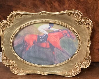 4x6” giclee of racehorse/ placed in a heavy gold frame