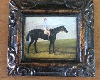 HAND PAINTED MINIATURE on a canvas print of horse and rider.
