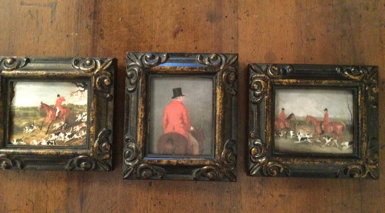 HAND PAINTED MINIATURE on print of vintage fox hunt painting. image 3