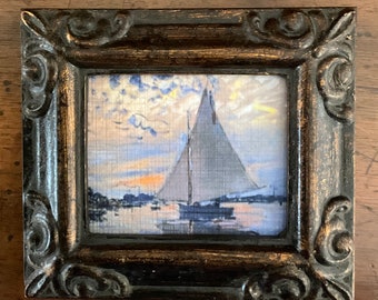 HAND PAINTED MINIATURE is a canvas print to of  a Impressionistic sail boat
