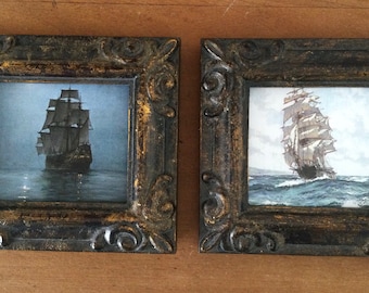 Pair of HAND PAINTED MINIATURE on print of vintage sailing ships.