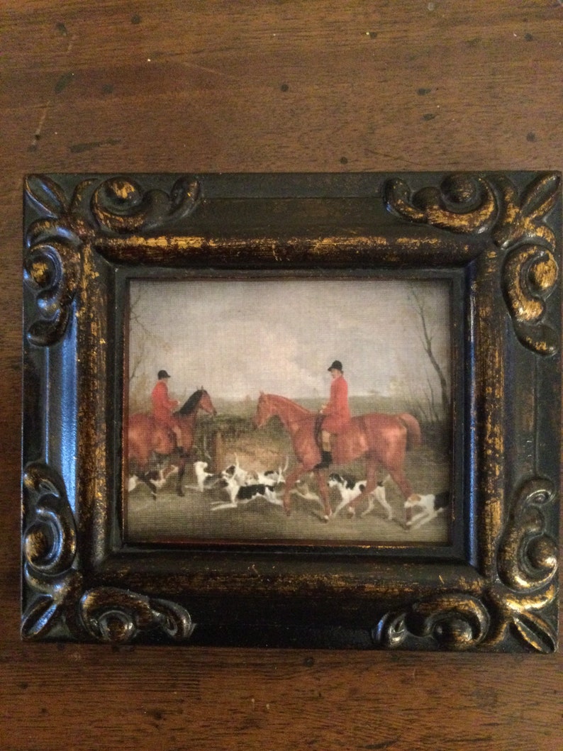 HAND PAINTED MINIATURE on print of vintage fox hunt painting. image 2