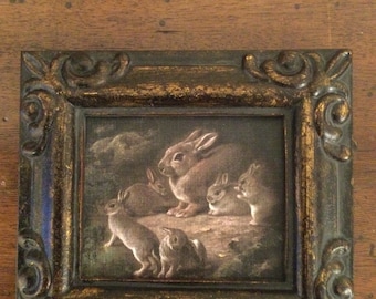 HAND PAINTED MINIATURE of mother & her baby bunnies on a 2.5”x3” canvas print, placed in an antiqued resin frame, ready to hang