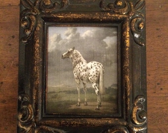 HAND PAINTED MINIATURE  on a canvas print of horse./ in an antiqued resin frame