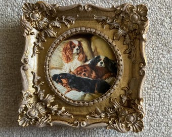 HAND PAINTED MINIATURE on a canvas print of 4 dogs/ placed in a 4x4.5” gold frame