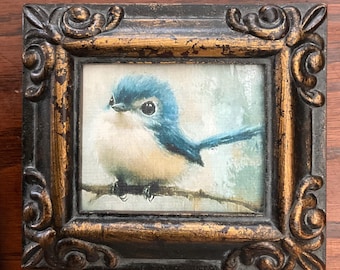 HAND PAINTED Tufted titmouse   on a 2.6”x3” linen paper print , bonded to canvas and framed