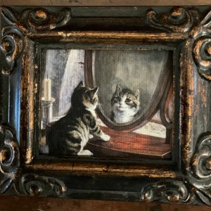 HAND PAINTED MINIATURE on print of kitten in mirror